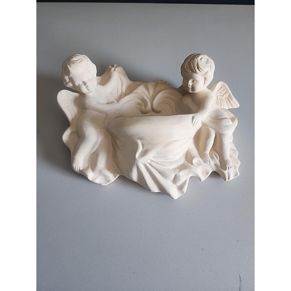 Vintage Cream ceramic bisque double cherub wall pocket, wall vase #7978